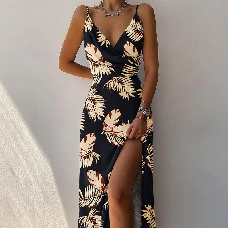 V-neck slit printed commuter dress with strap - House of Cardwell