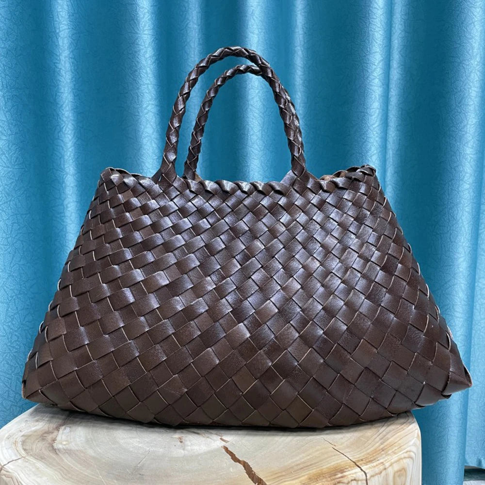 New Genune Leather Weave Hand Bags Tote Top Quality Women Basket Shopping Bags Handle Beach Hobos Handbag - House of Cardwell