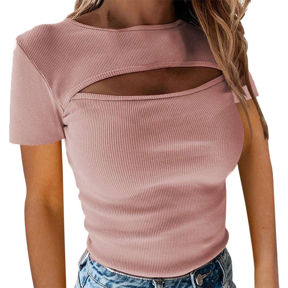 Fashionable chest hollow short sleeved ribbed top - House of Cardwell