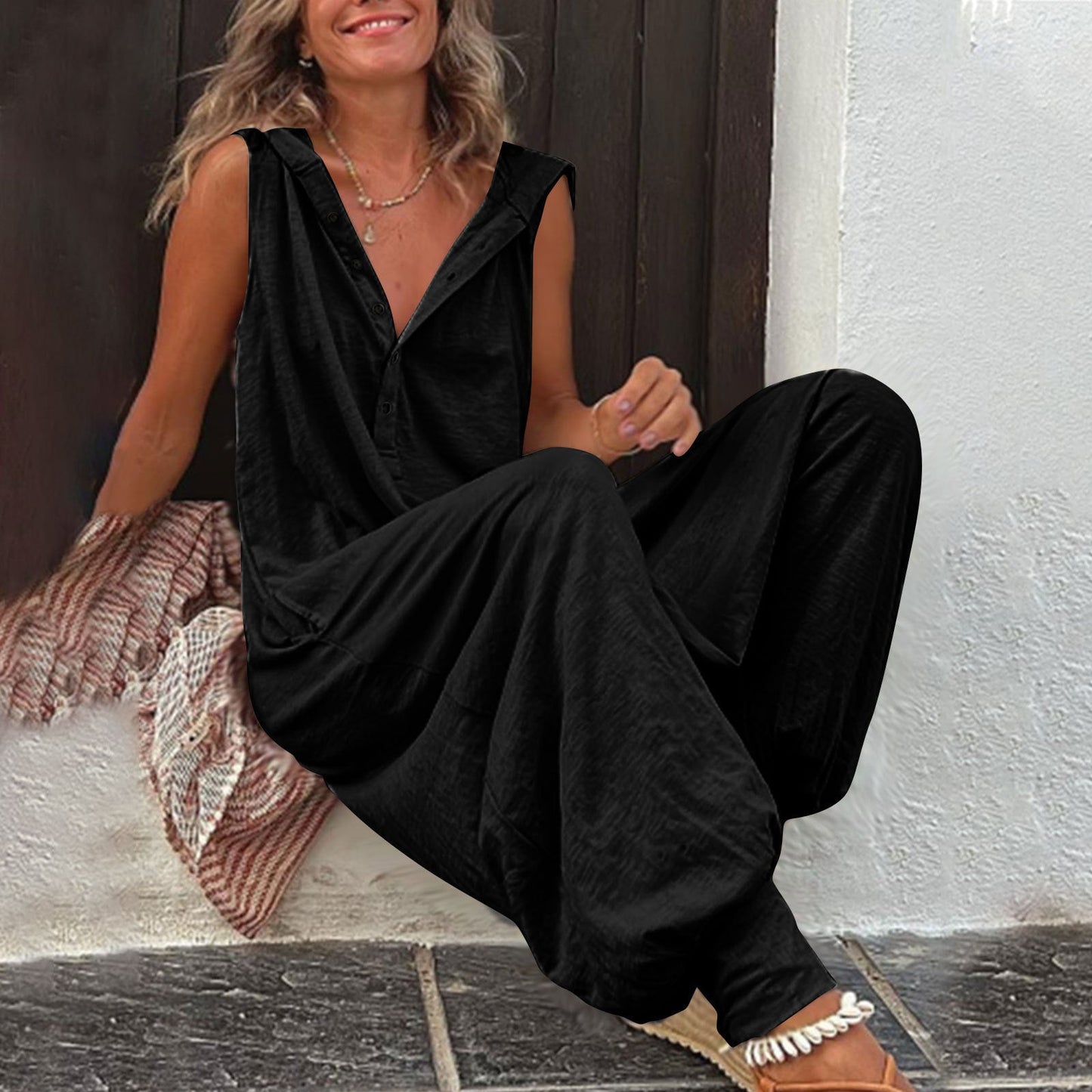 Let's Go! Buttoned Hooded Sleeveless Long Wide-Leg Pants Jumpsuit eprolo