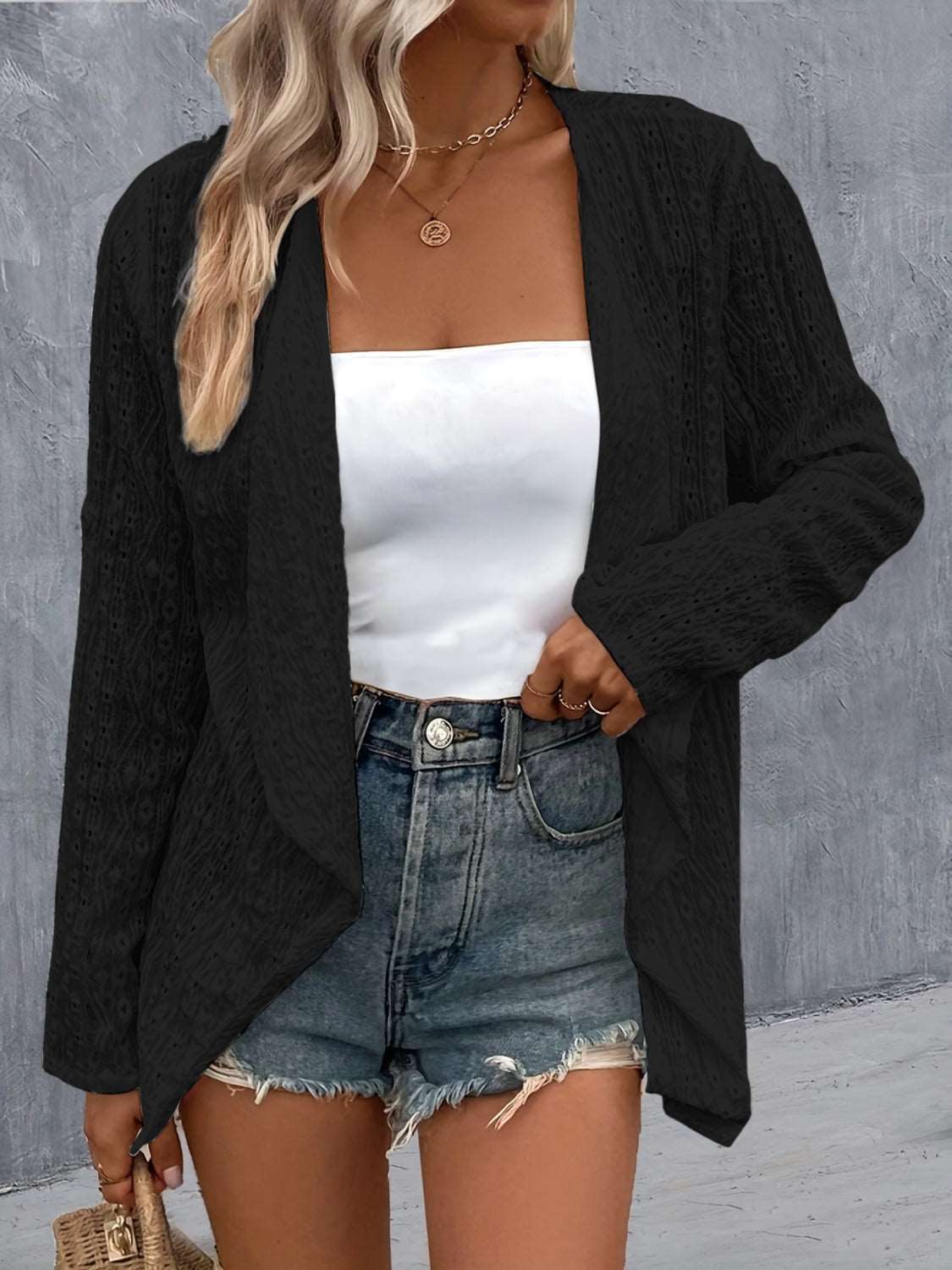 Eyelet Roll-Tab Sleeve Cardigan - House of Cardwell