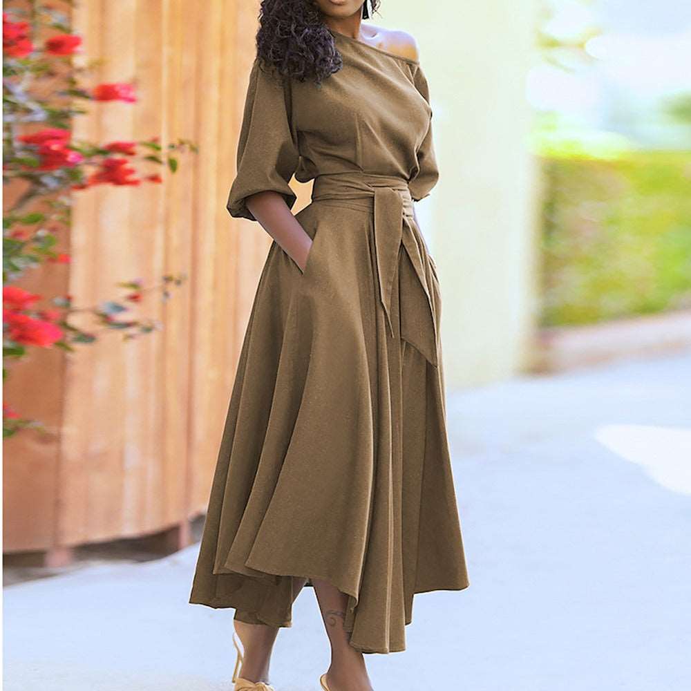 Fashionable solid color waistband slimming and sexy diagonal shoulder dress - House of Cardwell
