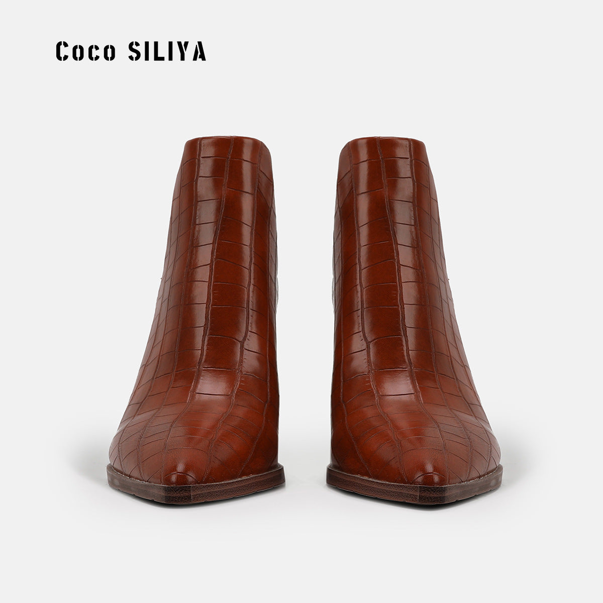 Pointed Toe Coarse Heel High Heel Short Boots Women's Back Zipper Crocodile Chelsea Nude Boots Large - House of Cardwell