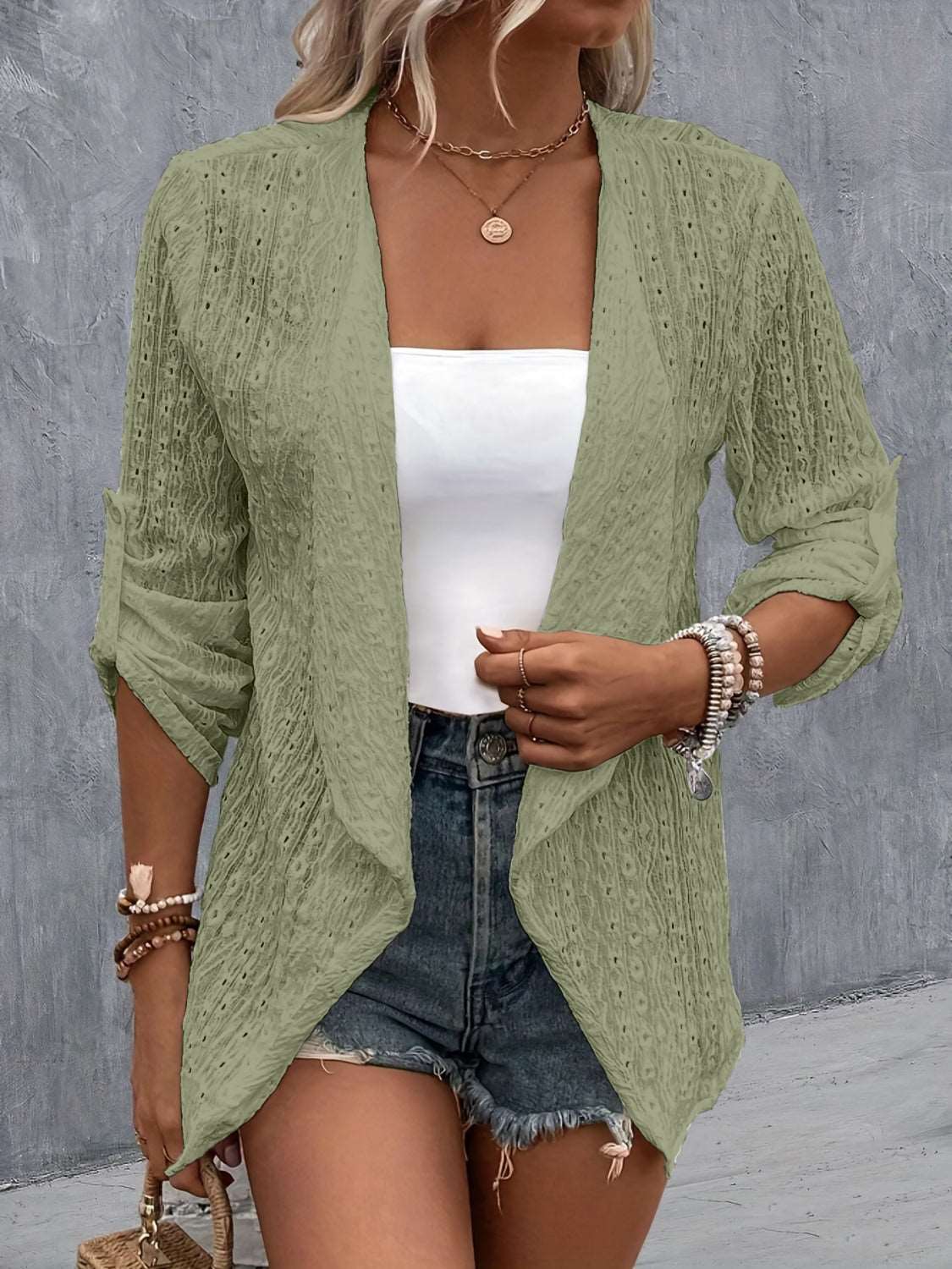 Eyelet Roll-Tab Sleeve Cardigan - House of Cardwell