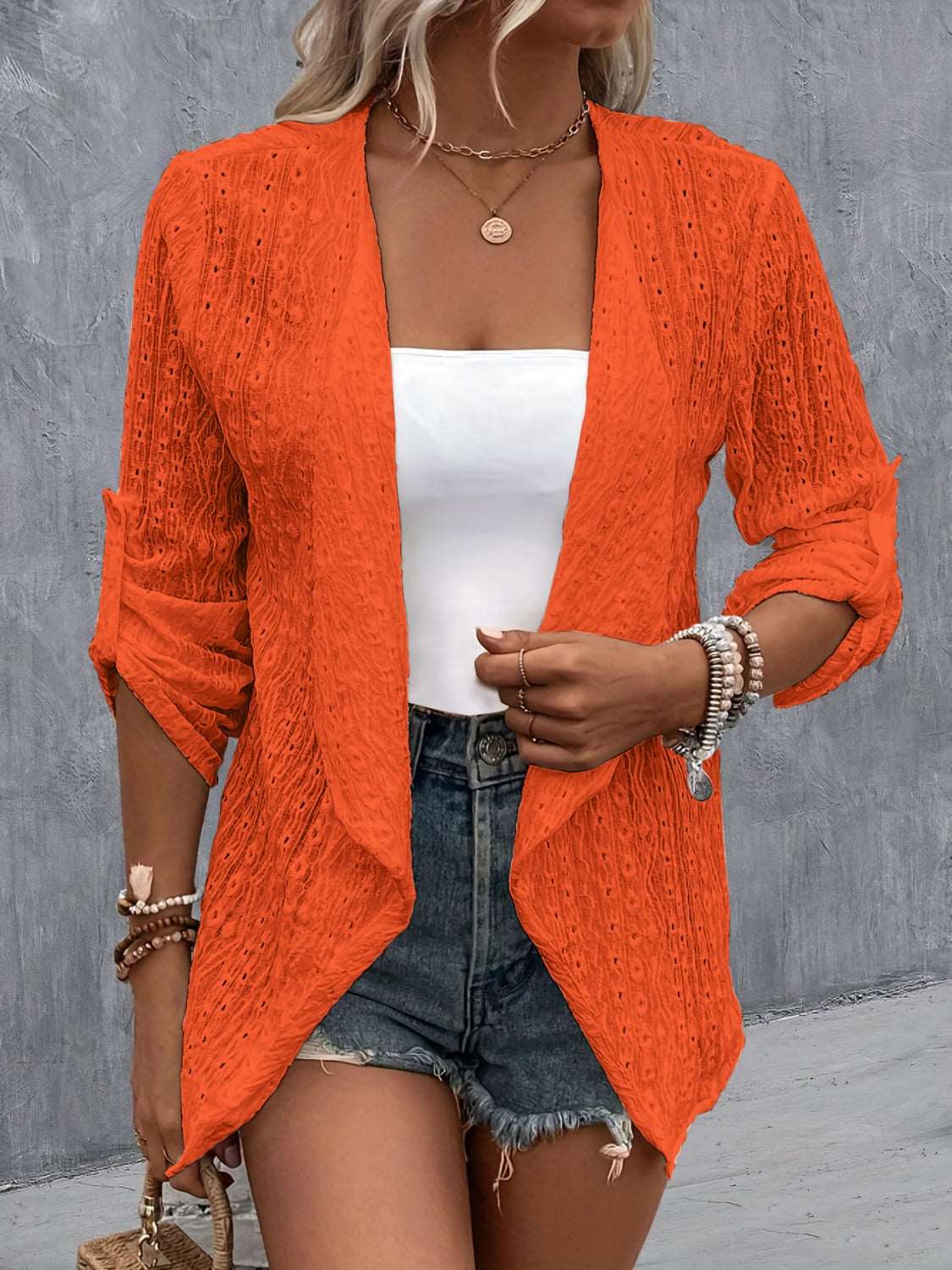 Eyelet Roll-Tab Sleeve Cardigan - House of Cardwell