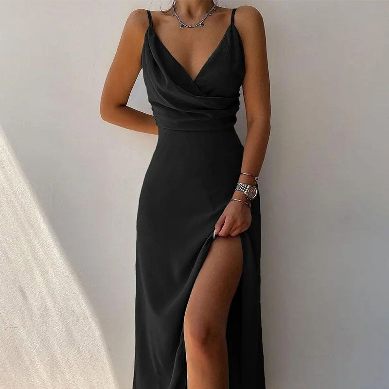 V-neck slit printed commuter dress with strap - House of Cardwell