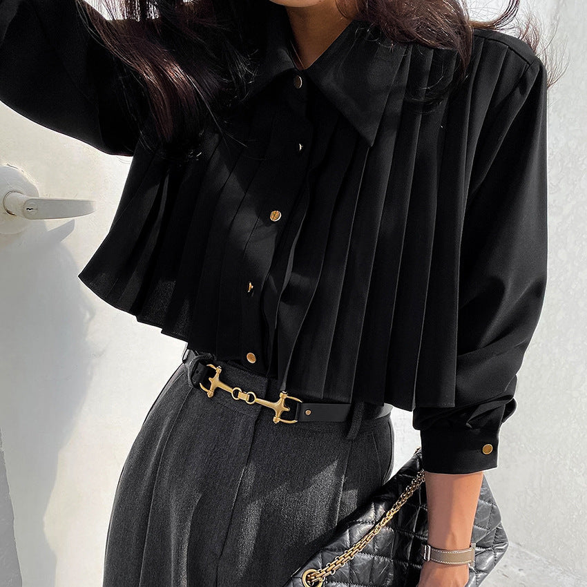 French Chiffon Pleated White Long Sleeve Commuting Professional Top eprolo