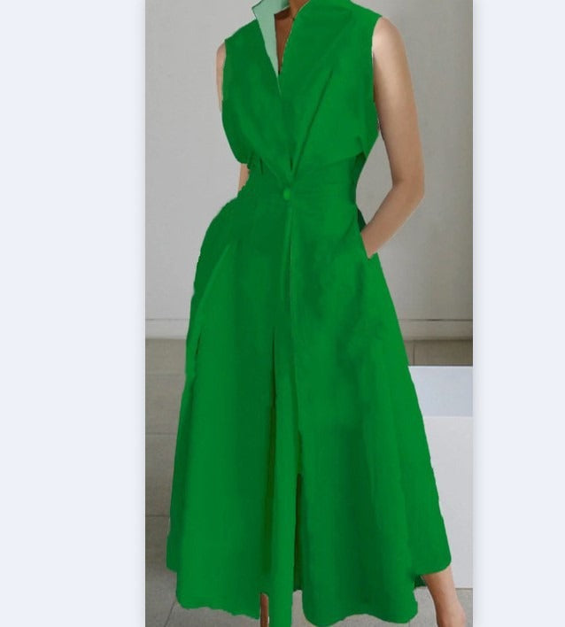 Commuter fashion solid color V-neck women's button up large hem dress - House of Cardwell
