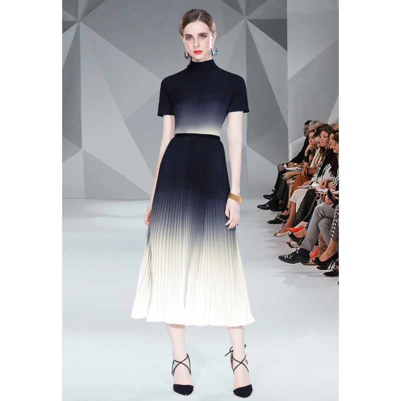 Miyake Pleated Gradient Smudged Pleated Shirt + Pleated Skirt Two-Piece For Women - House of Cardwell