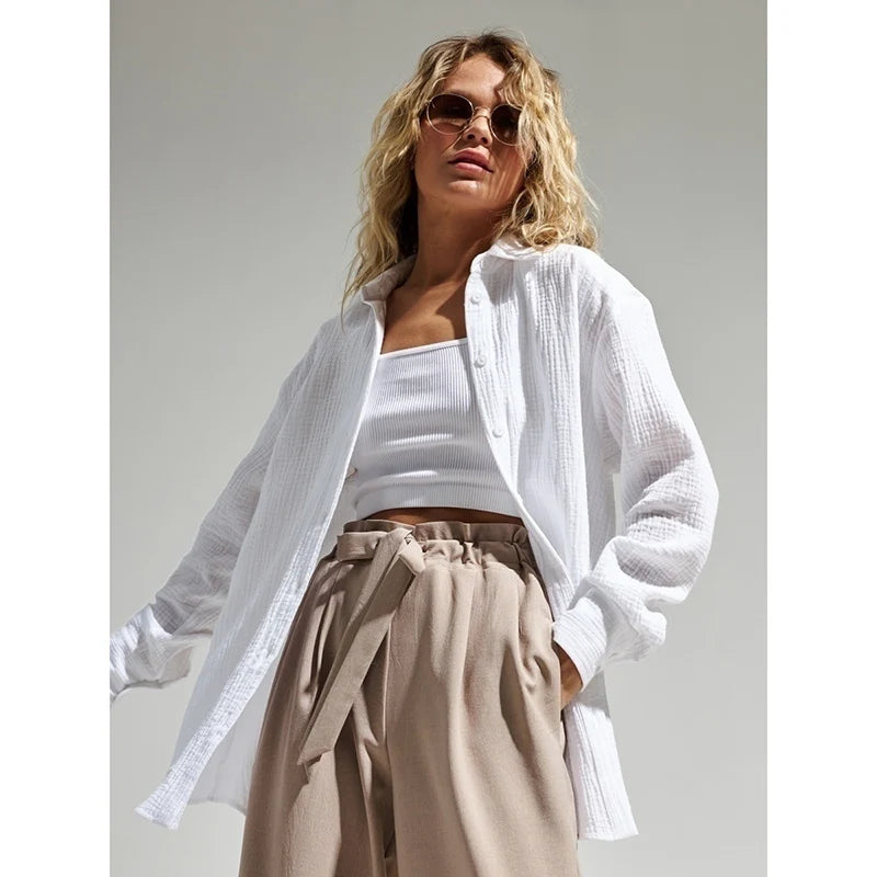 Long sleeved pure cotton crepe shirt loose fitting shirt shawl - House of Cardwell