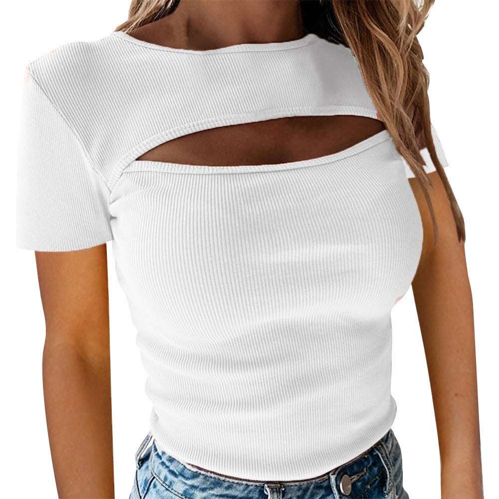Fashionable chest hollow short sleeved ribbed top - House of Cardwell