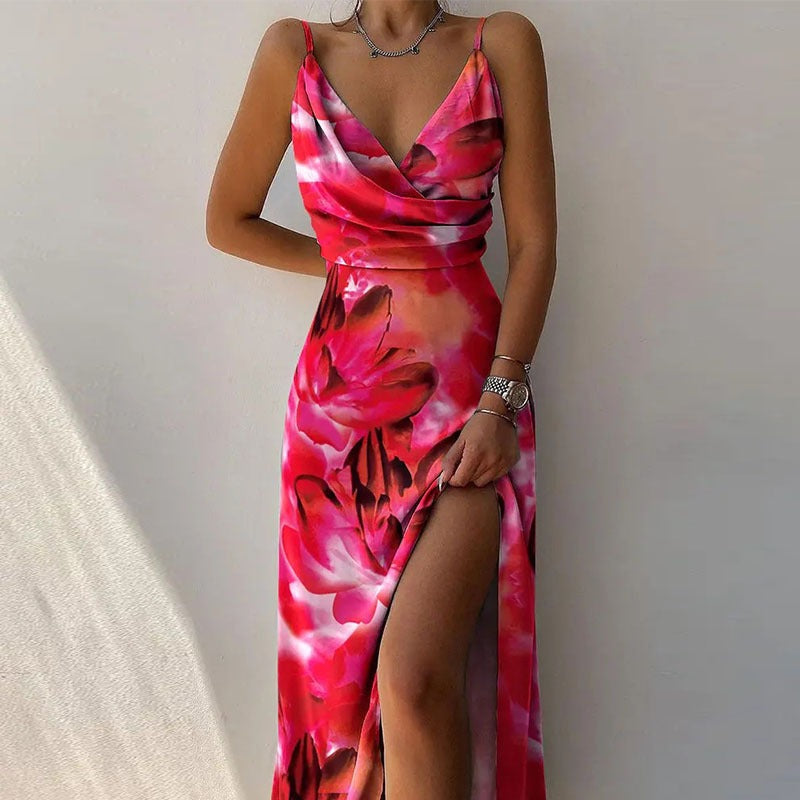 V-neck slit printed commuter dress with strap - House of Cardwell