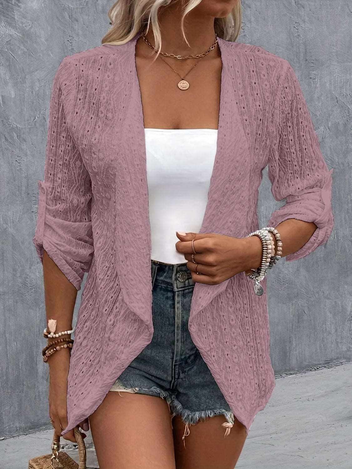 Eyelet Roll-Tab Sleeve Cardigan - House of Cardwell