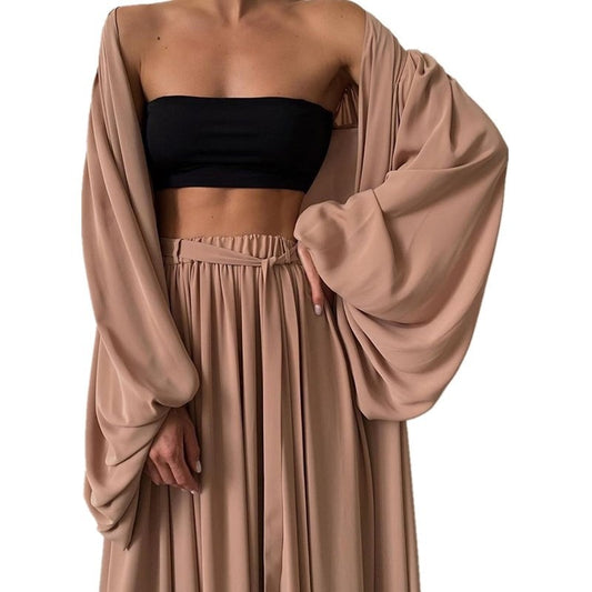Loose Minimalist Three Piece Set For Women Slim Vest Lantern Long Sleeve Coat Wide Leg Pants Casual Sets Female - House of Cardwell