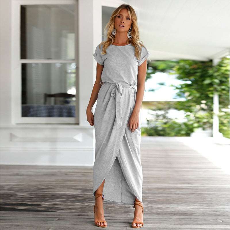 Fashionable short sleeved front slit irregular short sleeved slim fit dress - House of Cardwell