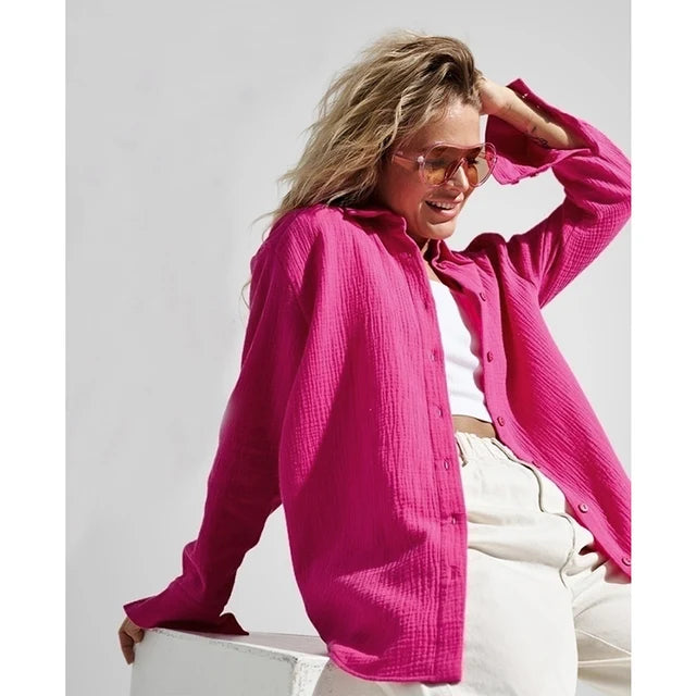 Long sleeved pure cotton crepe shirt loose fitting shirt shawl - House of Cardwell