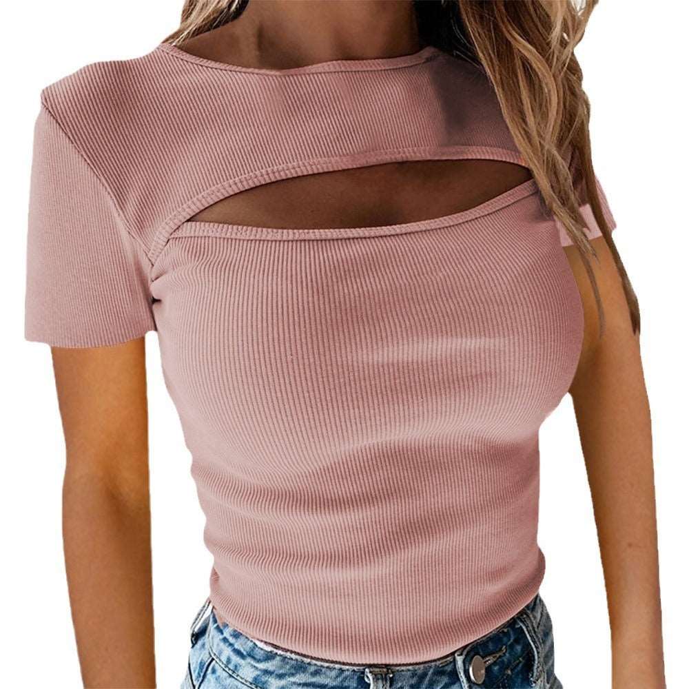 Fashionable chest hollow short sleeved ribbed top - House of Cardwell