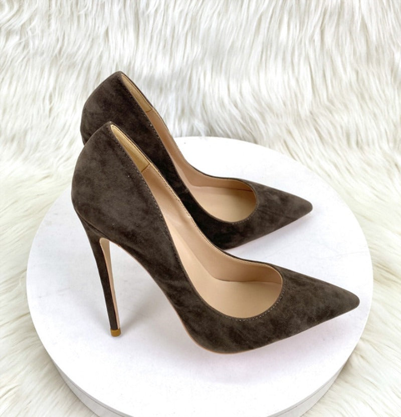 Grey suede high heels new slim heeled pointed shallow cut women's shoes - House of Cardwell