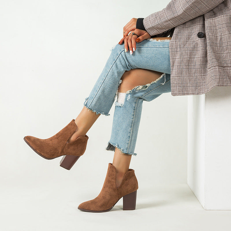 Martin Boots Women's New Suede Short Slim Boots Thick Heel Pointed Large Short Boots - House of Cardwell
