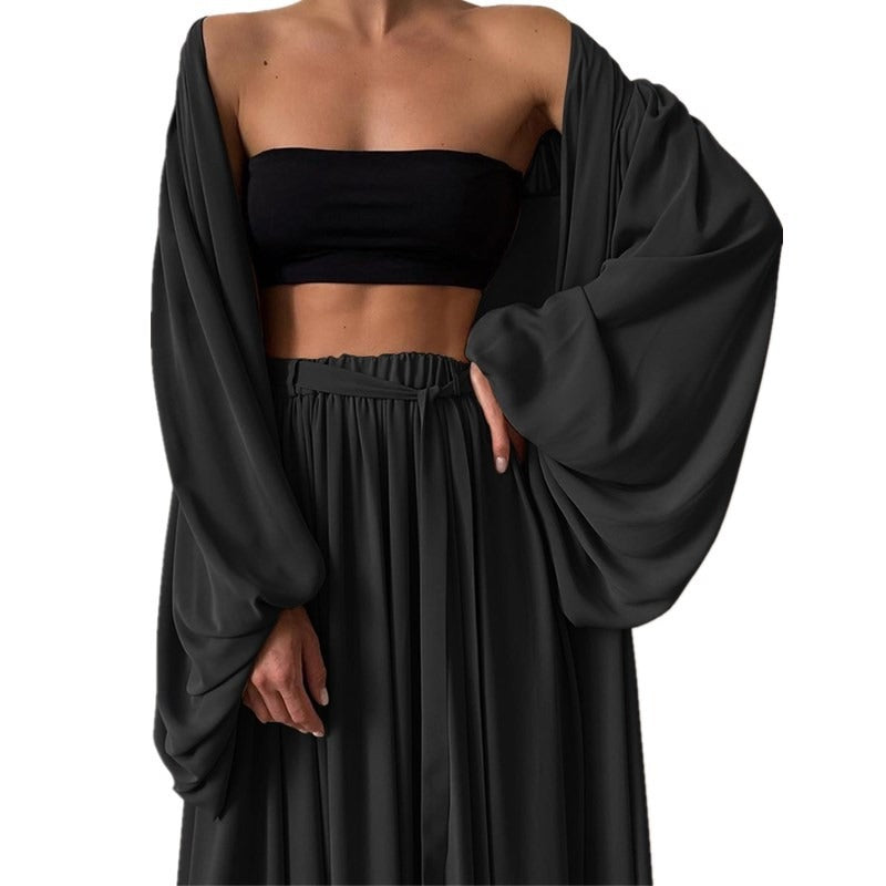 Loose Minimalist Three Piece Set For Women Slim Vest Lantern Long Sleeve Coat Wide Leg Pants Casual Sets Female - House of Cardwell
