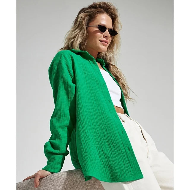 Long sleeved pure cotton crepe shirt loose fitting shirt shawl - House of Cardwell