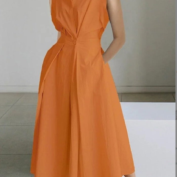Commuter fashion solid color V-neck women's button up large hem dress - House of Cardwell