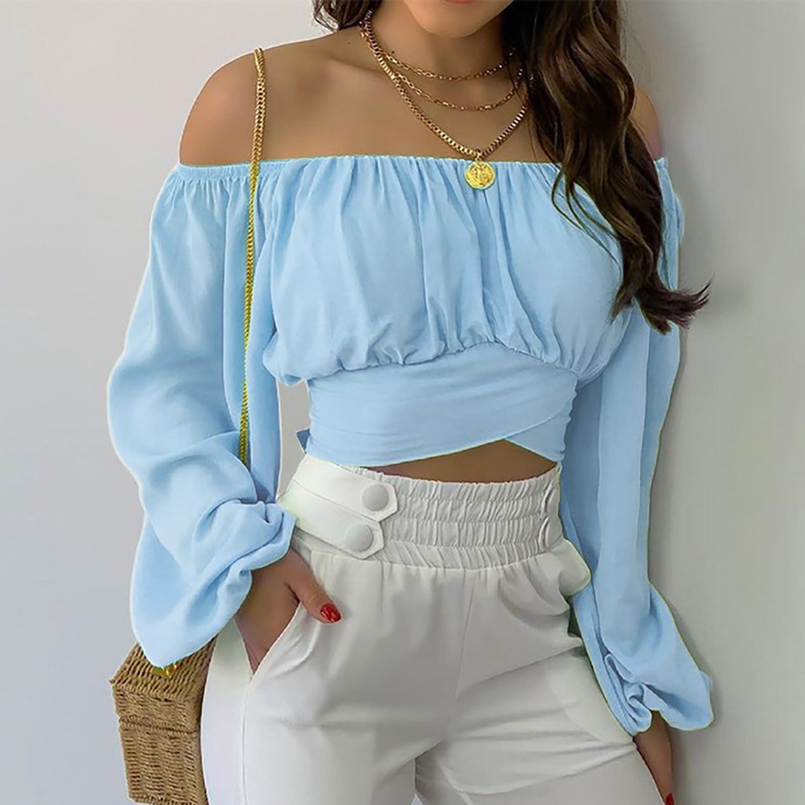 Hot Selling Women's Off Shoulder Cross Tie Long Sleeved Top eprolo