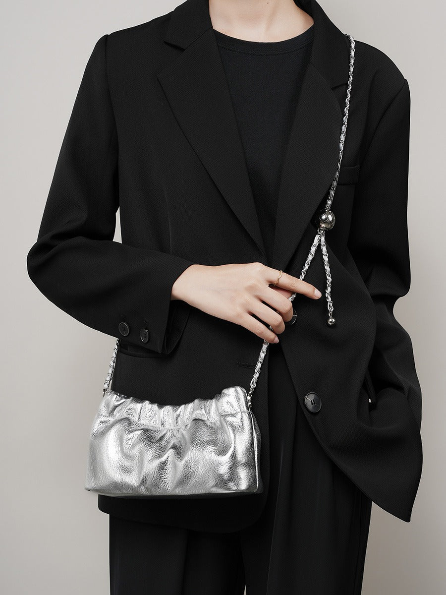 Popular chain women high end cloud pleated bag women bag cowhide shoulder crossbody bag gold ball chain - House of Cardwell