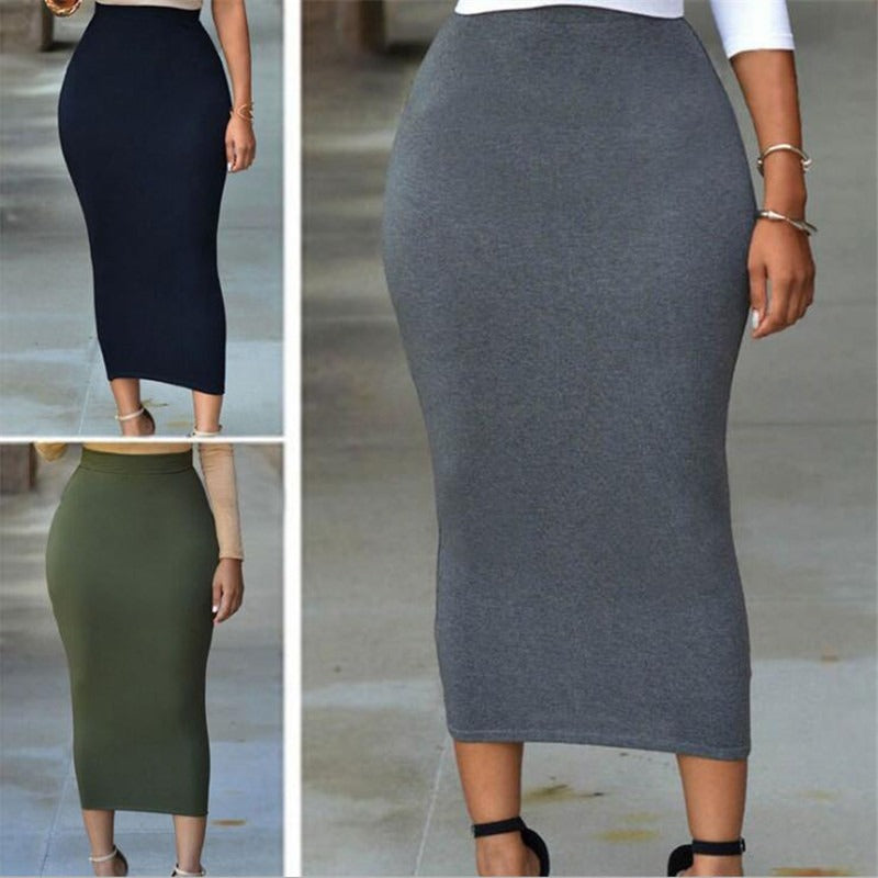 Solid color elastic waistband and buttocks tight fitting skirt, medium length skirt - House of Cardwell