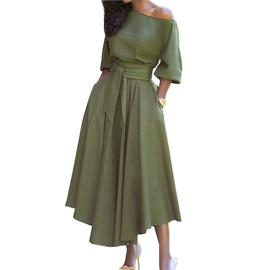 Fashionable solid color waistband slimming and sexy diagonal shoulder dress - House of Cardwell