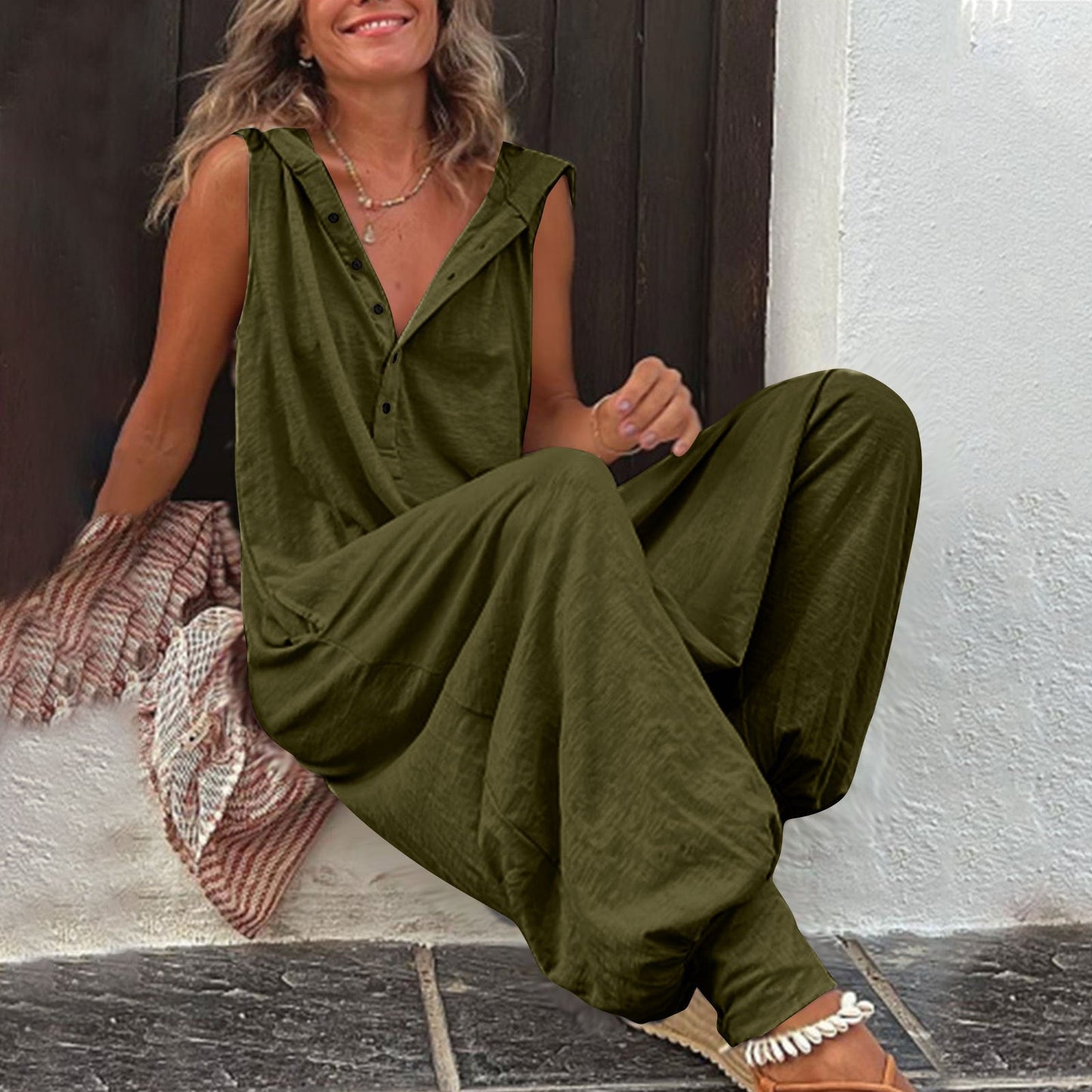 Let's Go! Buttoned Hooded Sleeveless Long Wide-Leg Pants Jumpsuit eprolo