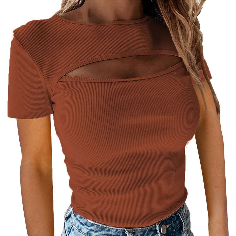 Fashionable chest hollow short sleeved ribbed top - House of Cardwell