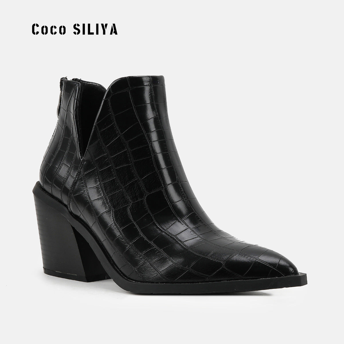 Pointed Toe Coarse Heel High Heel Short Boots Women's Back Zipper Crocodile Chelsea Nude Boots Large - House of Cardwell