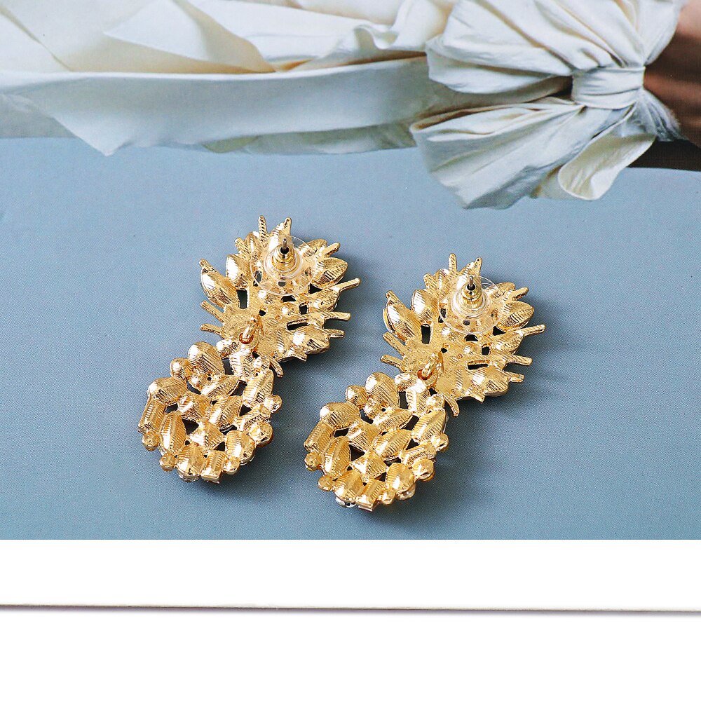 Fashionably Summer Yellow Gold Fruit Pineapple Crystal Pendant Earrings eprolo