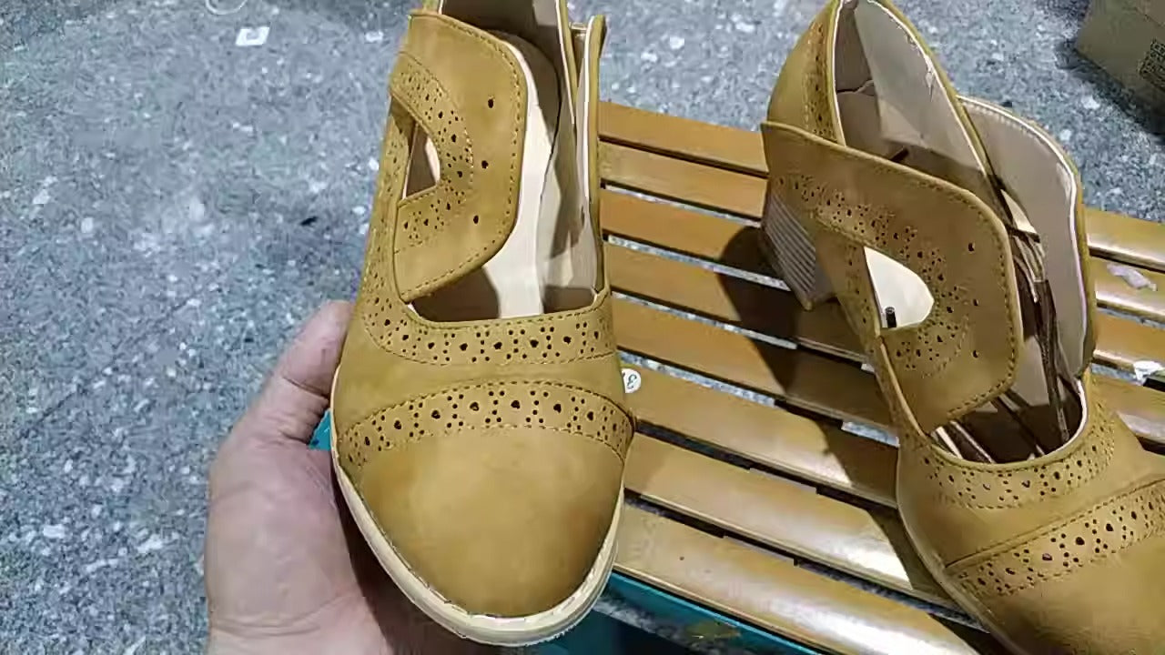 New European and American medium thick heel casual single shoes, four season shoes, hollowed out breathable women's shoes - House of Cardwell