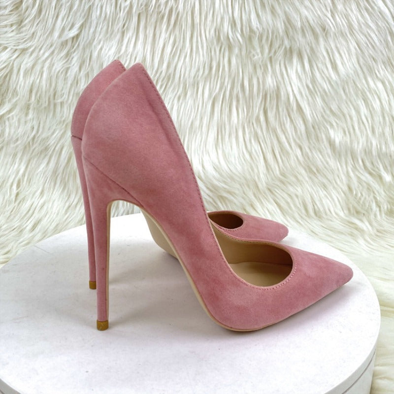 Pink suede high heels thin heeled pointed toe shallow cut women's shoes - House of Cardwell