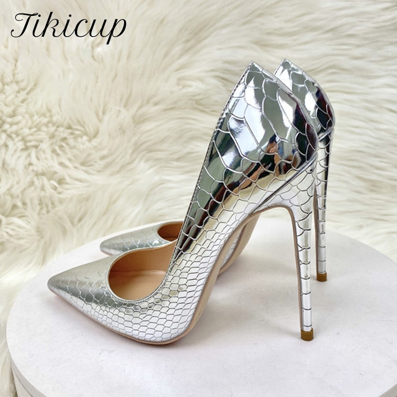 Tikicup Silver Embossed Crocodile Effect Women Sexy Pointy Toe High Heel Party Shoes Bling Shiny Fashion Designer Stiletto Pumps eprolo