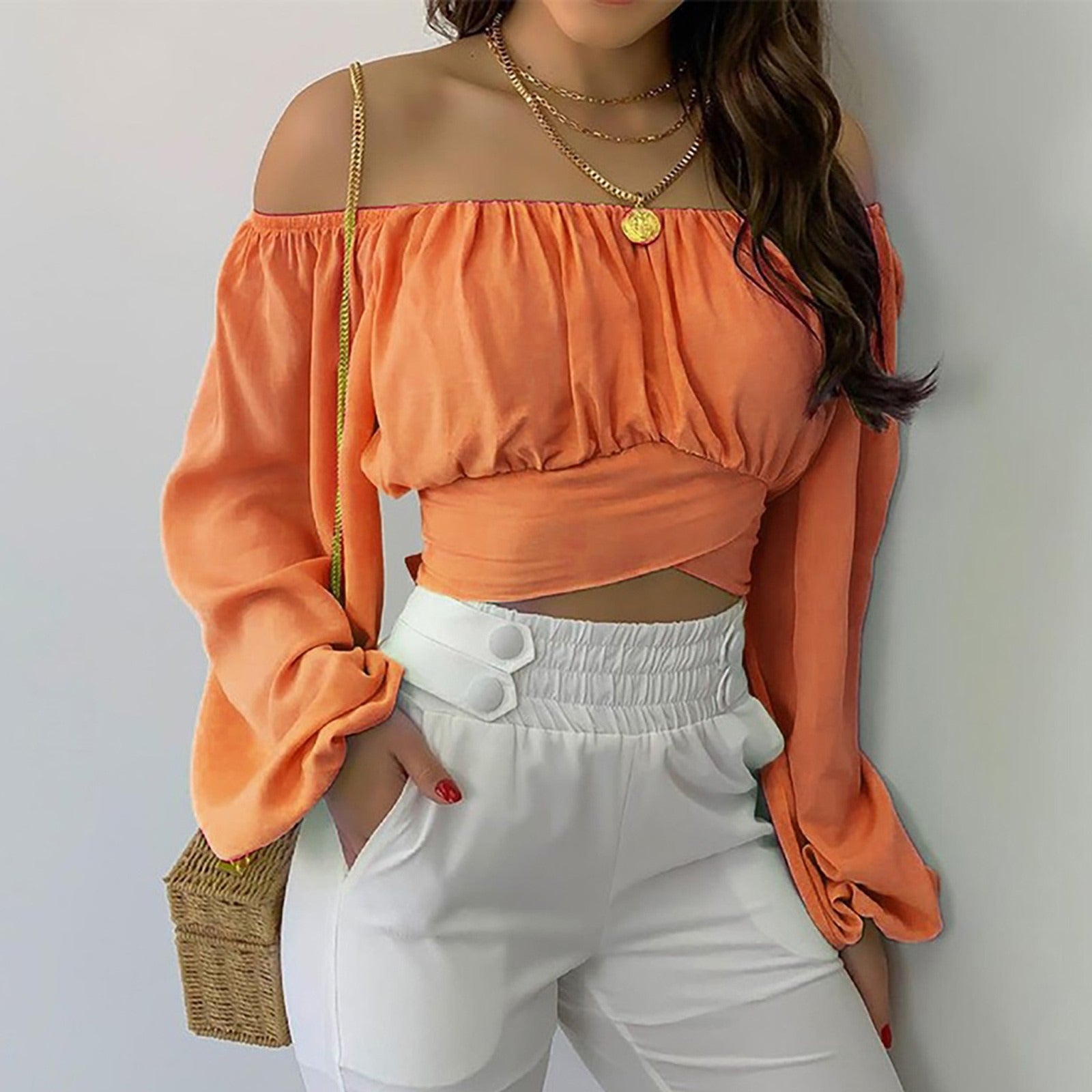 Hot Selling Women's Off Shoulder Cross Tie Long Sleeved Top eprolo