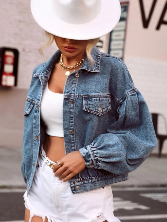 Collared Neck Dropped Shoulder Denim Top eprolo