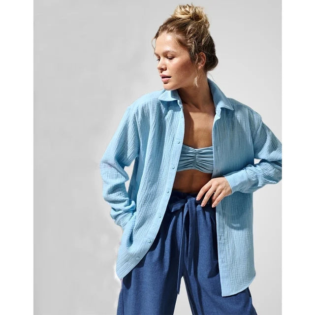Long sleeved pure cotton crepe shirt loose fitting shirt shawl - House of Cardwell