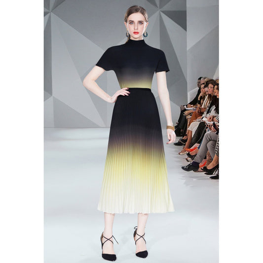 Miyake Pleated Gradient Smudged Pleated Shirt + Pleated Skirt Two-Piece For Women - House of Cardwell