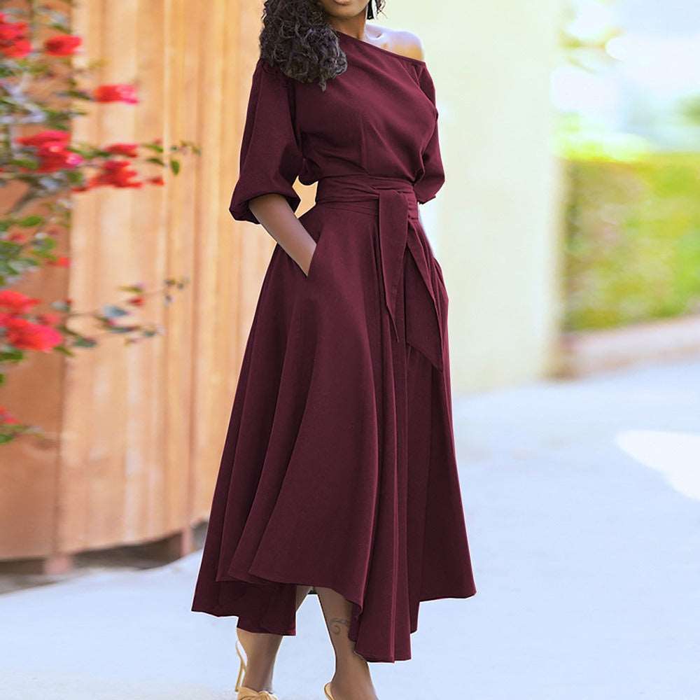 Fashionable solid color waistband slimming and sexy diagonal shoulder dress - House of Cardwell