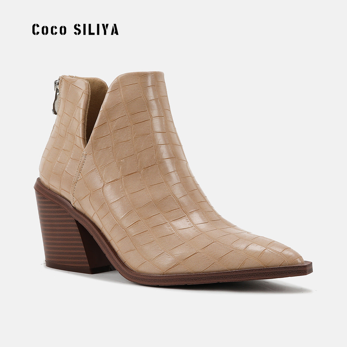Pointed Toe Coarse Heel High Heel Short Boots Women's Back Zipper Crocodile Chelsea Nude Boots Large - House of Cardwell