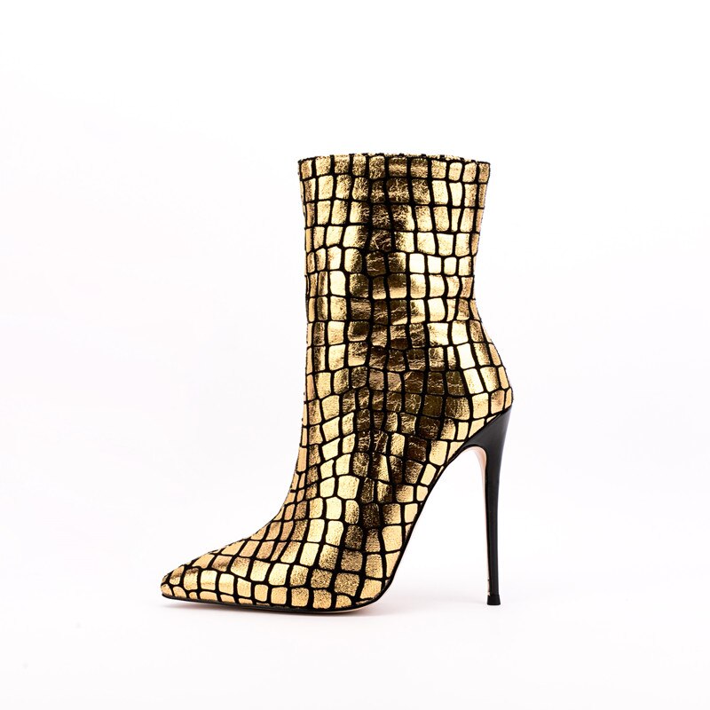 Pointed Toe Super High Heel Ankle Boots Ladies Party Shoes Side Zipper Shiny Stone Pattern Gold Sexy Winter Autumn Fashion Shoes - House of Cardwell