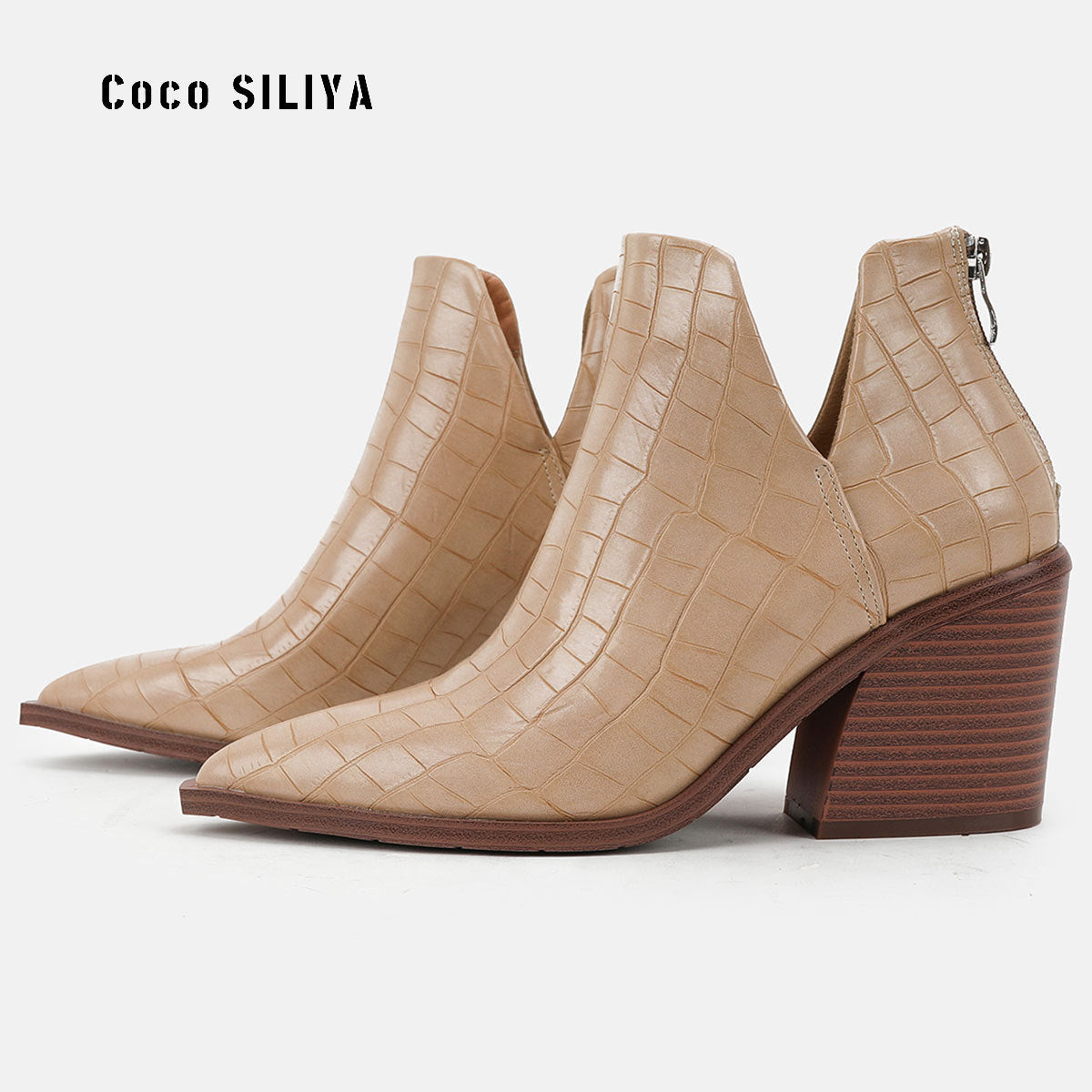 Pointed Toe Coarse Heel High Heel Short Boots Women's Back Zipper Crocodile Chelsea Nude Boots Large - House of Cardwell