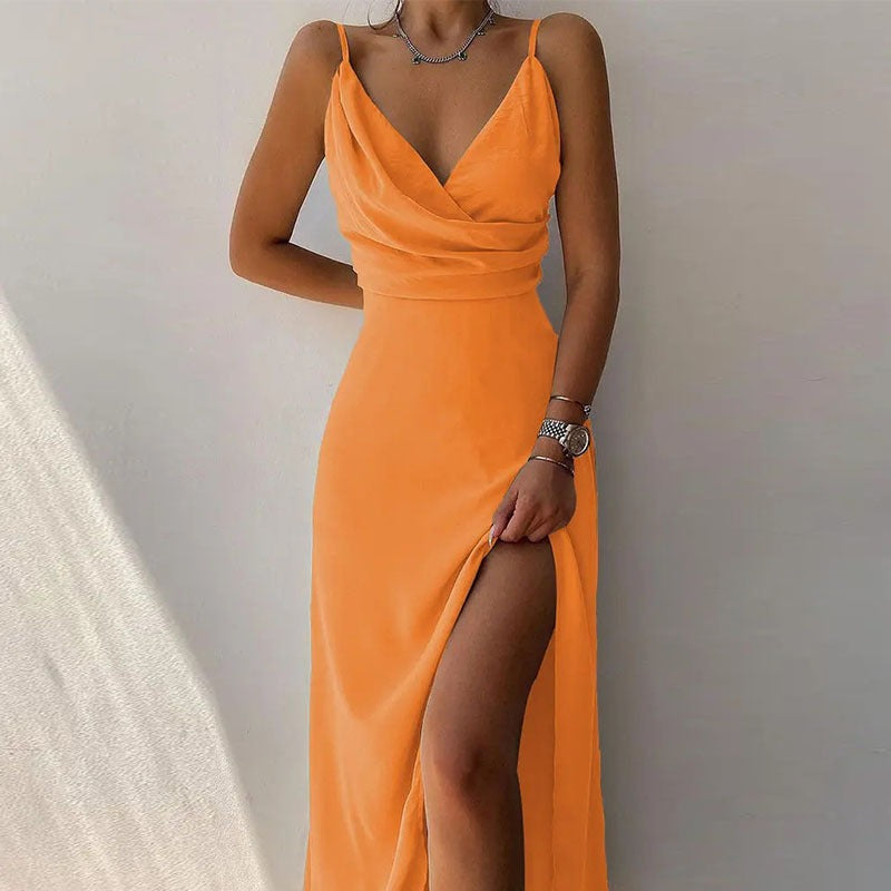 V-neck slit printed commuter dress with strap - House of Cardwell
