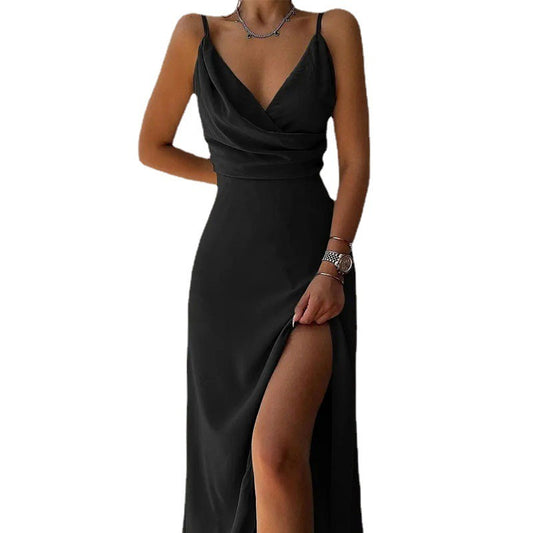 V-neck slit printed commuter dress with strap - House of Cardwell
