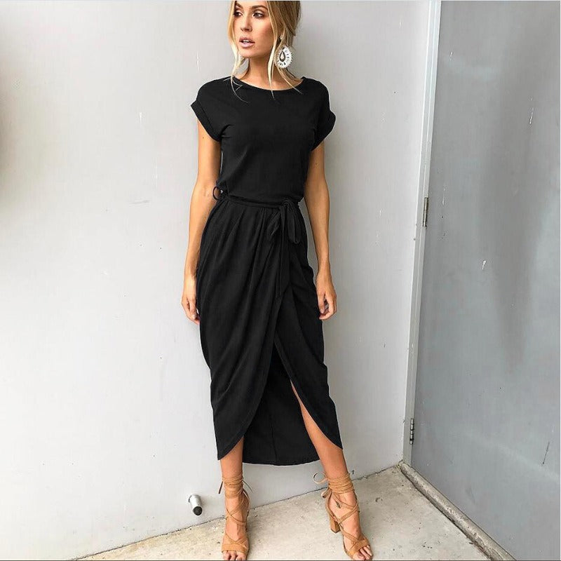 Fashionable short sleeved front slit irregular short sleeved slim fit dress - House of Cardwell