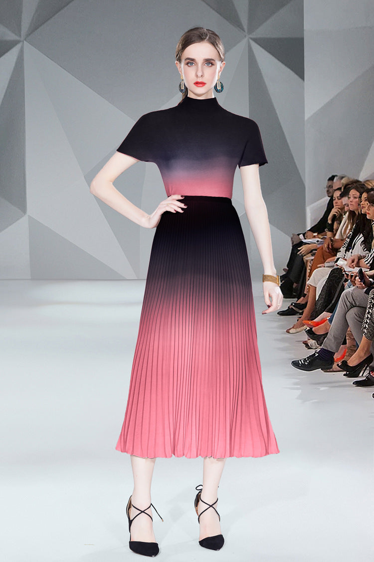 Miyake Pleated Gradient Smudged Pleated Shirt + Pleated Skirt Two-Piece For Women - House of Cardwell