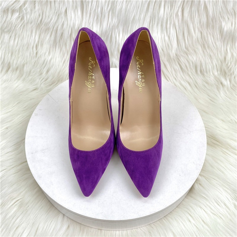 Purple suede high heels slim heels pointed toe shallow cut women's shoes - House of Cardwell